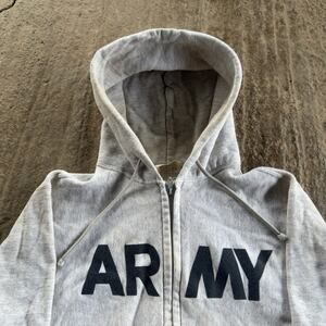 VINTAGE 80S ARMY REVERSE WEAVE ZIP UP HOODIE RARE GRAPHIC MILITARY MENS MEDIUM